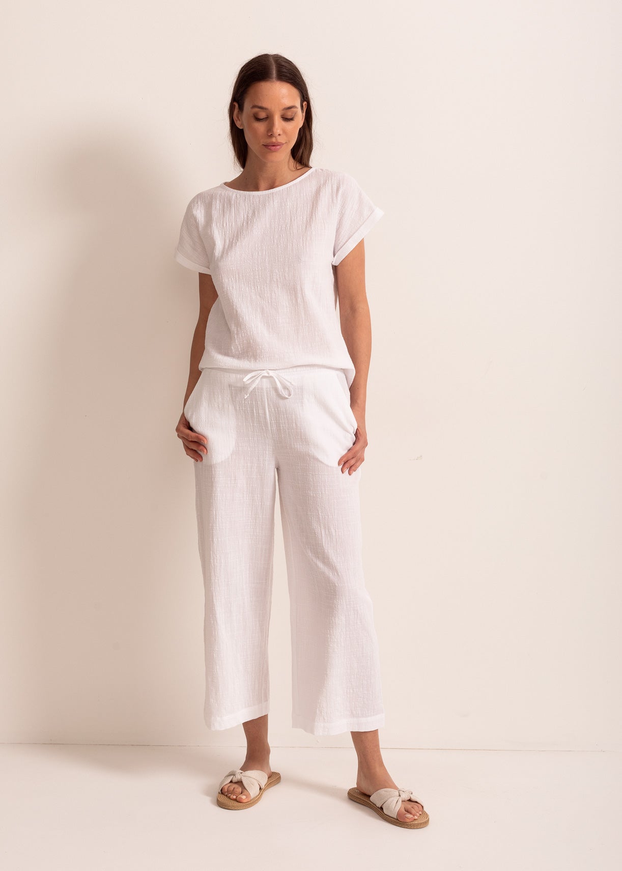 Pantaloni Damă Capri Pânză Topită Bumbac
