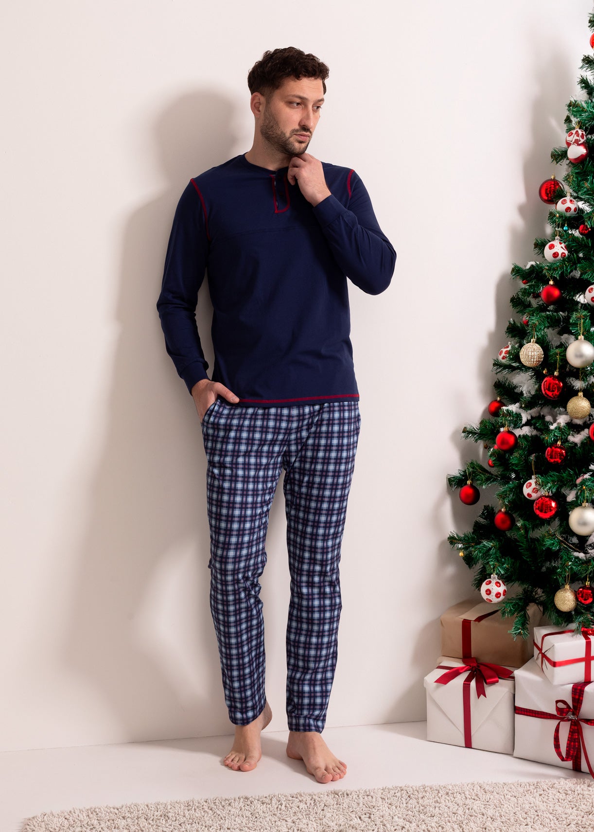 Pijama Bărbați Tartan Denim Bumbac