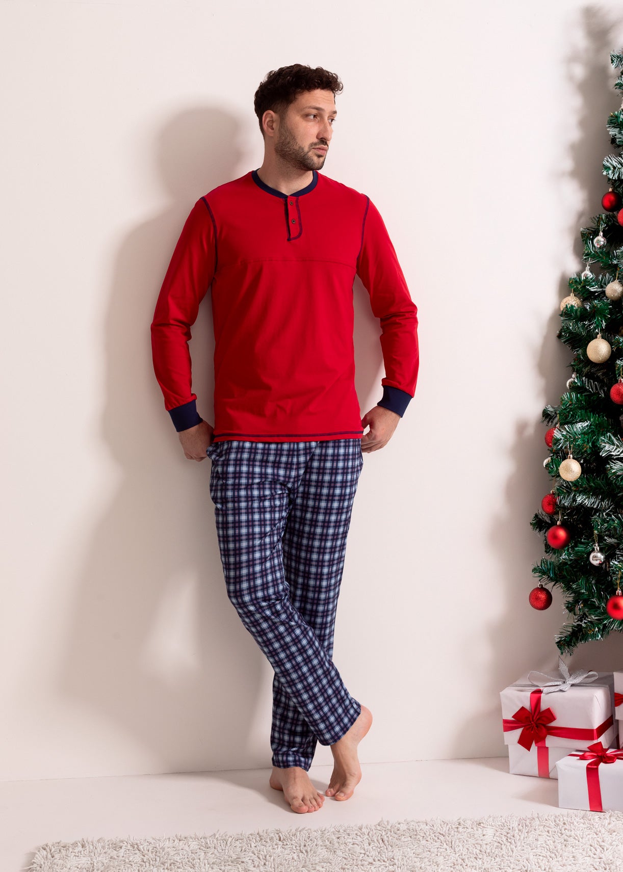 Pijama Bărbați Tartan Denim Bumbac