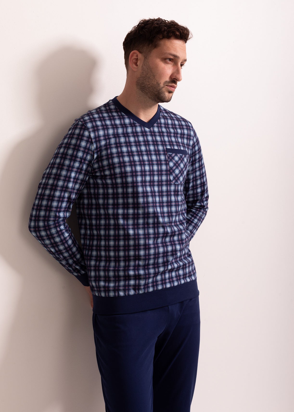 Pijama Bărbați Tartan Denim Bumbac