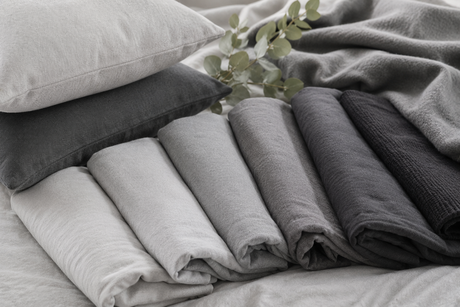 Paletă de nuanțe de gri, de la gri deschis la antracit, pe textile moi de casă