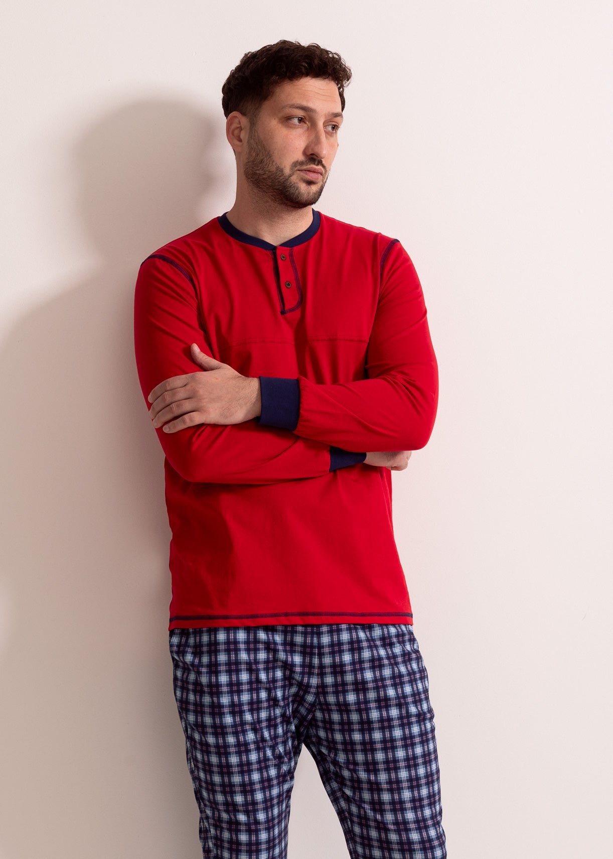 Pijama Bărbați Tartan Denim Bumbac