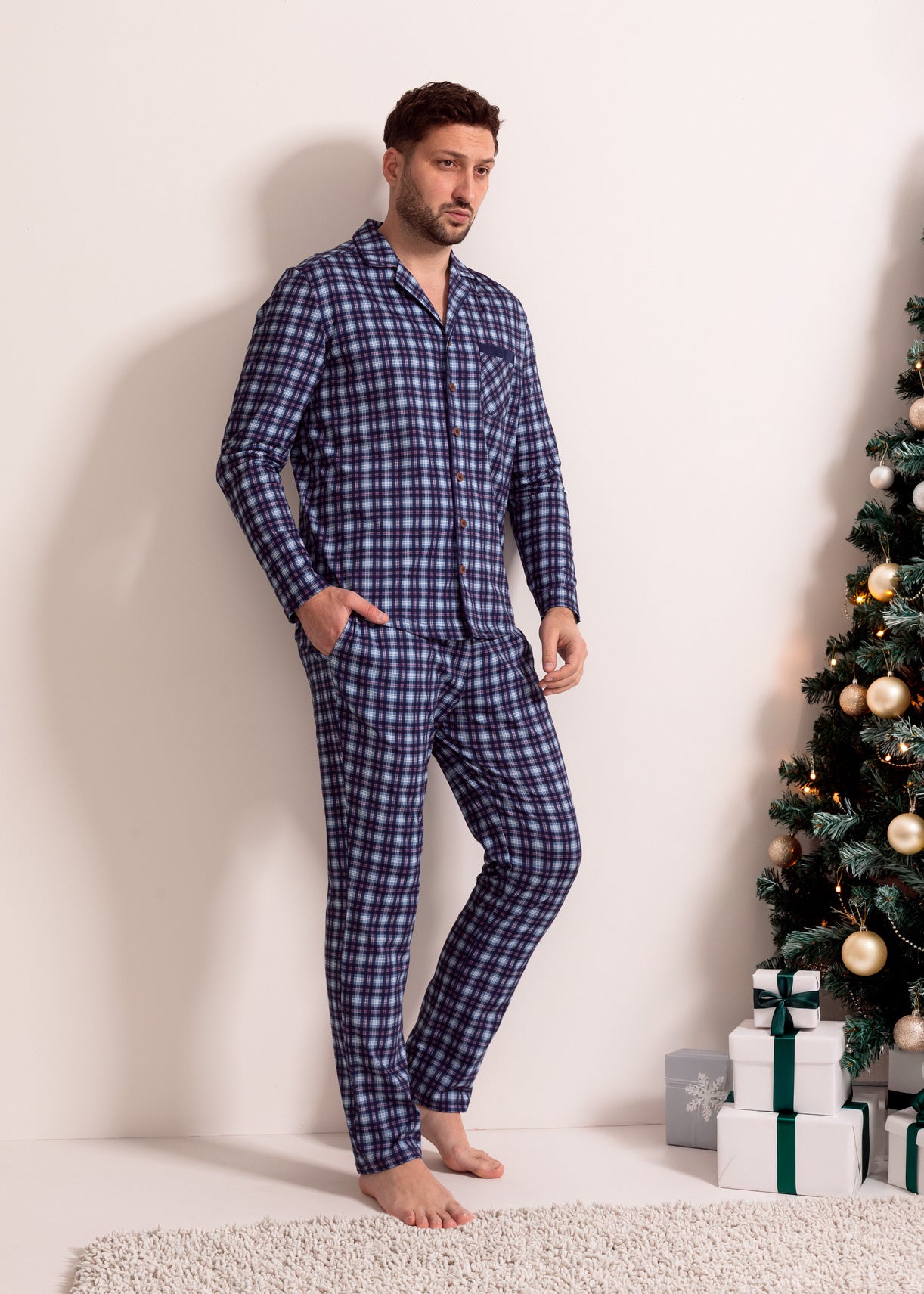 Pijama Bărbați Tartan Denim Bumbac