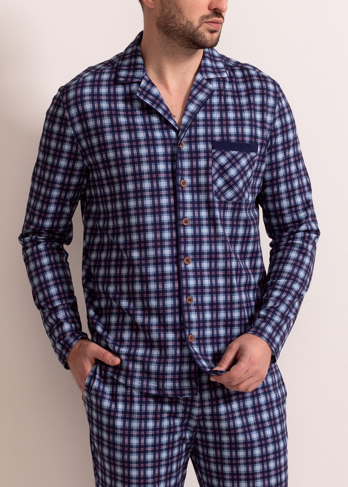 Pijama Bărbați Tartan Denim Bumbac